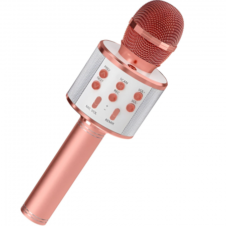 Sub 99 Lei - Lichidare Microfon Karaoke, Flippy, pentru Copii, Bluetooth, Boxa Incorporata, Compatibil cu Orice Smartphone, Acumulator Integrat, Multifunctional, Rose Gold