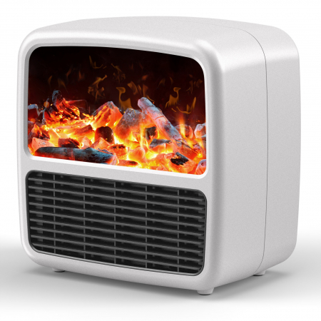 Ventilatoare - Lichidare Mini Aeroterma Puternica Portabila Flippy, Putere 1500W, Mini radiator electric cu Display LCD, efect de semineu si flacara, 22x22x15 cm, Alb