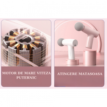 Mini Aparat de Masaj, Flippy, Tip Pistol, Incarcare USB Tip C, Portabil, Pentru Relaxare Musculara, Autonomie 120 Min, 3 Trepte de Viteza, Roz [5]