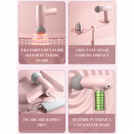 Mini Aparat de Masaj, Flippy, Tip Pistol, Incarcare USB Tip C, Portabil, Pentru Relaxare Musculara, Autonomie 120 Min, 3 Trepte de Viteza, Roz [6]