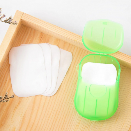 Pentru Casa si Camping - Mini Cutie de Sapun din Hartie, Flippy, de Unica Folosinta, Portabila, Potrivit pentru Calatorii, 20 buc, Verde
