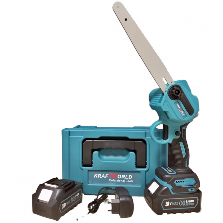 Mini-drujba KraftWorld 38 V, 10 AH, 2 acumulatori, 2 lanturi, lungime de taiere 200 mm, viteza lant 6 m/s, albastru [1]