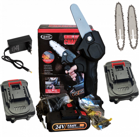 Mini fierastrau (mini drujba) cu 2 acumulatori Mustang , 24 V , 2 Ah , lama de 13 cm lungime [1]