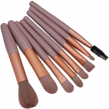 Ingrijire personala si Cosmetice - Mini Set Portabil 8 Pensule pentru Machiaj Flippy, Super Soft, Makeup Profesional/Incepatori, Maner Ergonomic, Gentuta Depozitare Inclusa, Maro