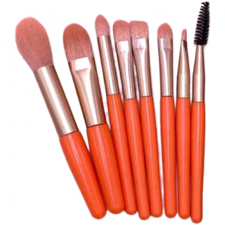 Ingrijire personala si Cosmetice - Mini Set Portabil 8 Pensule pentru Machiaj Flippy, Super Soft, Makeup Profesional/Incepatori, Maner Ergonomic, Gentuta Depozitare Inclusa, Portocaliu