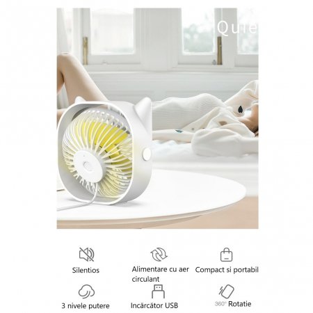 Mini ventilator pentru birou cu usb, Flippy, rotire 360 grade, 3 viteze, 13.5 x 12,8 cm, Alb [2]