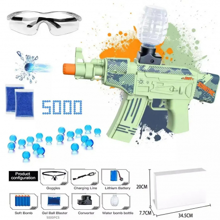 Mitraliera de jucarie electrica Flippy cu bile de hidrogen de gel, gun bluster, tragere in rafala, varsta peste 6 ani, ochelari de protectie, 5000 de bile incluse, cablu de incarcare, 28x31 cm, AK47,  [2]