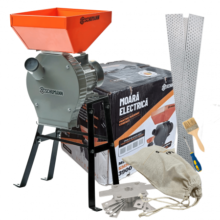 Mori pentru cereale - * PRET SPECIAL * Moara cereale si stiuleti Schumann cu suport, motor 3.9 Kw, 20 ciocanele, 4 site, sac, surubelnita si perie, cuva mare, 300 kg/h