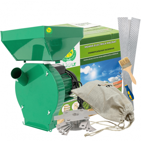 Mori pentru cereale - Moara cereale si stiuleti Lider, motor 4.5 Kw, 20 ciocanele, 4 site, sac, surubelnita si perie, cuva mare, 300 kg/h