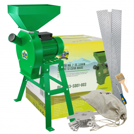 Gradina - Moara cereale si stiuleti Micul Fermier cu suport, motor 3.9 Kw, 20 ciocanele, 4 site, sac, surubelnita si perie, cuva mare, 320 kg/h