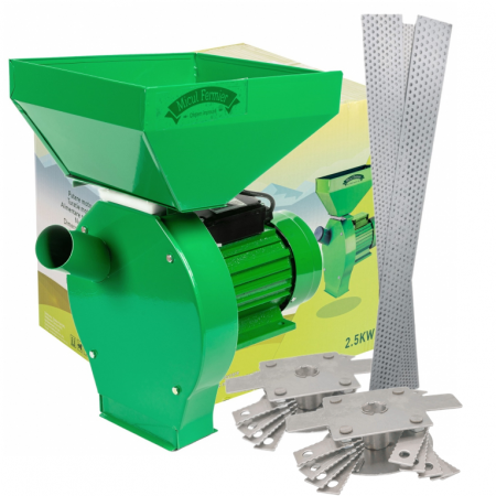 Mori pentru cereale - Moara cereale si stiuleti Micul Fermier, motor 2.5 Kw, 20 ciocanele, 4 site, cuva mare, 200 kg/h + Butuc Ciocanele