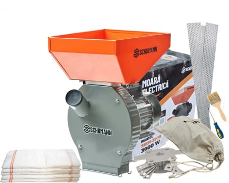 Mori pentru cereale - Moara cereale si stiuleti Schumann, motor 3.9 Kw, 20 ciocanele, 4 site, sac, surubelnita si perie, cuva mare, 300 kg/h + 5 saci de rafie