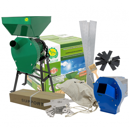 Moara cereale, stiuleti, furaje si resturi vegetale Lider cu suport, motor 4.5 Kw, 20 ciocanele, 4 site, sac, surubelnita si perie, cuva mare, 300 kg/h [0]