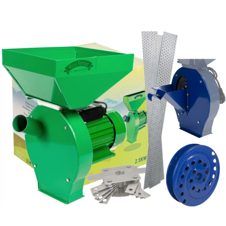 Gradina - Moara cereale si stiuleti Micul Fermier, motor 2.5 Kw, 20 ciocanele, 4 site, cuva mare, 200 kg/h + Adaptor pentru fructe si legume
