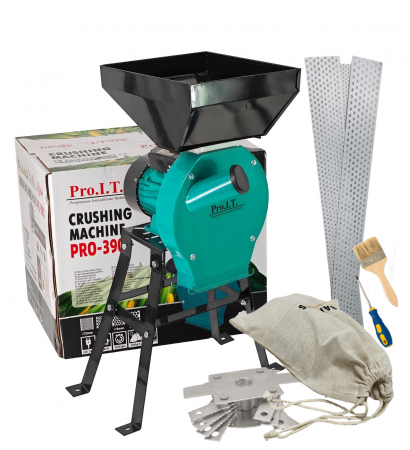 Mori pentru cereale - Moara electrica cu suport din metal pentru cereale si stiuleti (2 in 1), DDT-PRO.I.T. Cuva Mare, motor 3,9 kw , 3000 rpm, 320 kg/h, 4 site de rezerva, 20 ciocanele,bonus sac,surubelnita si perie