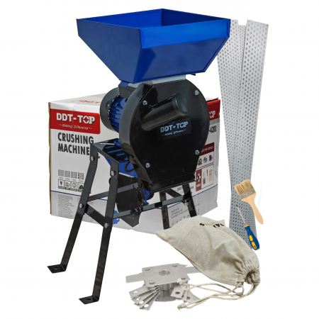 Mori pentru cereale - Moara electrica cu suport din metal pentru cereale si stiuleti, DDT-TOP,Cuva Mare, motor 4.2 kw , 3000 rpm, 320 kg/h, 4 site de rezerva, 20 ciocanele,bonus sac,surubelnita si perie,Buton on/off