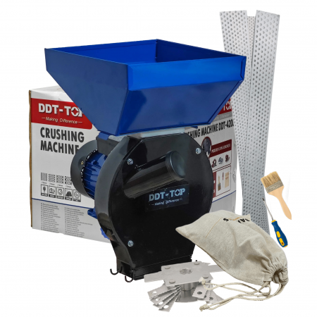 Mori pentru cereale - Moara electrica pentru cereale si stiuleti, DDT-TOP,Cuva Mare, motor 4.2 kw , 3000 rpm, 320 kg/h, 4 site de rezerva, 20 ciocanele,bonus sac,surubelnita si perie,Buton on/off