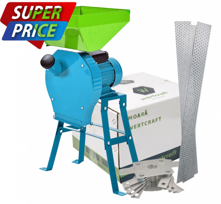 Gradina - *Cel mai mic pret* Moara Wertcraft cuva mare cu suport 3.5 Kw, 2850 Rpm, 4 site, 20 ciocanele, capacitate maxima de maruntire 350 kg/h, sistem antirefulare, debit reglabil, uruiala, porumb, grau, orz,
