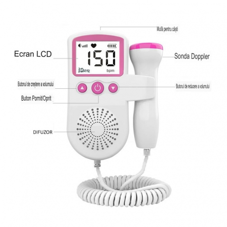 Monitor Fetal Doppler, Flippy, Monitorizare Sarcina, Ritm Cardiac, Ecran LCD 4.5 cm, 2 x Baterii AA (neincluse), Portabil, din ABS, 12.8 x 9.6 x 3 cm, Utilizare de la 9 Saptamani, Roz [3]