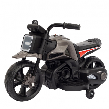 Masinute, vehicule pentru copii - Motocicleta Electrica cu 2 Roti Mari si 2 Roti Ajutatoare, Flippy, Acumulator Incarcare, Anti-Rasturnare, Lumini, Muzica, Motor:380, Baterie 6V4.5, 41.5x70x34 cm, 4.5 Kg, 3 Ani+, Gri Negru