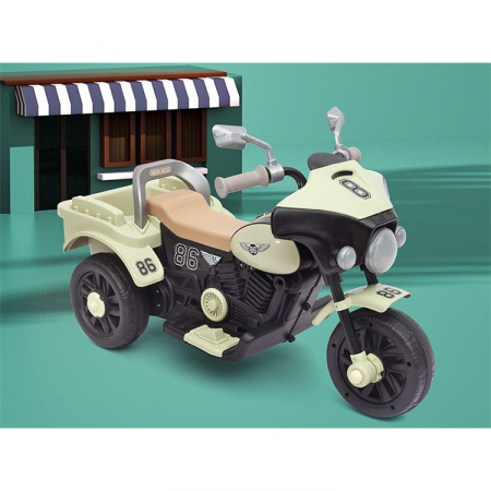 Motocicleta Electrica Flippy, cu Acumulator, cu Sistem Anti-Rasturnare, Sistem de Lumini si Muzica, Cutie de Depozitare, 1-8 Ani, 93 x 43 x 58 cm, Alb - Bej [12]