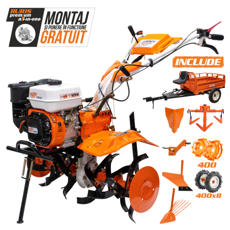 Motocultoare - Motosapatoare ruris 731acc3 + roti cauciuc 5.00-8+rarita+plug+adaptor+dispozitiv scos cartofi+roti metalice 400 fara manicot+cultivator+remorca ruris 550s