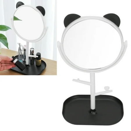 Lichidare Oglina Cosmetica cu Picior, Flippy, HD, Rotire 360 Grade, 15 cm Diametru, Suport Bijuterii Baza + Brate, Model cu Urechi, 30 x 16.5 x 15 cm, Alb/Negru [2]