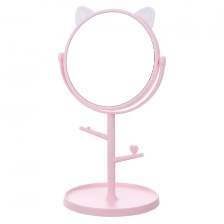 Ingrijire personala si Cosmetice - Oglina Cosmetica cu Picior, Flippy, HD, Rotire 360 Grade, 15 cm Diametru, Suport Bijuterii Baza Rotunda + 2 Brate, Model cu Urechi, 31 x 14.5 x 15 cm, din Plastic, Roz/Alb