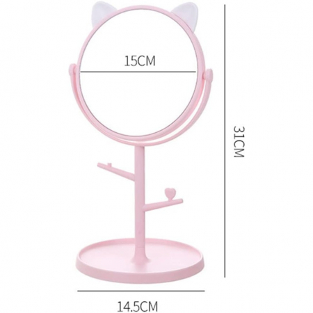Oglina Cosmetica cu Picior, Flippy, HD, Rotire 360 Grade, 15 cm Diametru, Suport Bijuterii Baza Rotunda + 2 Brate, Model cu Urechi, 31 x 14.5 x 15 cm, din Plastic, Roz/Alb [1]