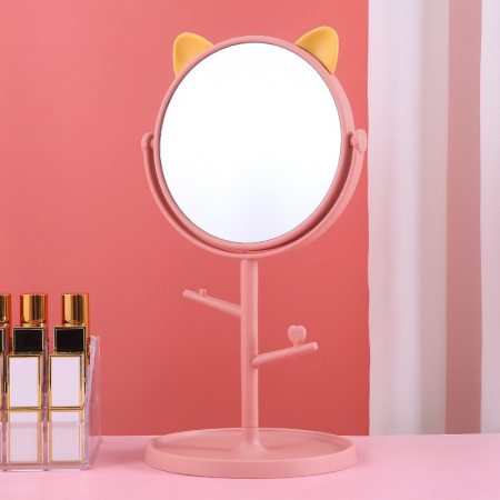 Oglina Cosmetica cu Picior, Flippy, HD, Rotire 360 Grade, 15 cm Diametru, Suport Bijuterii Baza Rotunda + 2 Brate, Model cu Urechi, 31 x 14.5 x 15 cm, din Plastic, Roz/Galben [1]