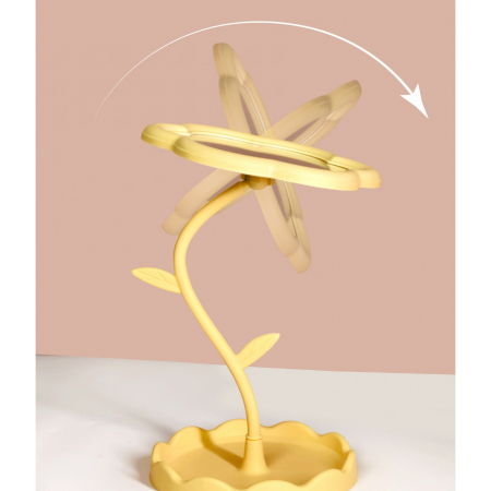 Oglindă de Machiaj pentru Birou, Flippy, Rotativă, Detasabilă, Model de Floarea Soarelui, Suport pentru Inele, cu Depozitare, Galbena [4]