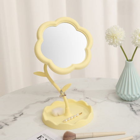 Oglindă de Machiaj pentru Birou, Flippy, Rotativă, Detasabilă, Model de Floarea Soarelui, Suport pentru Inele, cu Depozitare, Galbena [3]