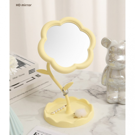 Oglindă de Machiaj pentru Birou, Flippy, Rotativă, Detasabilă, Model de Floarea Soarelui, Suport pentru Inele, cu Depozitare, Galbena [7]