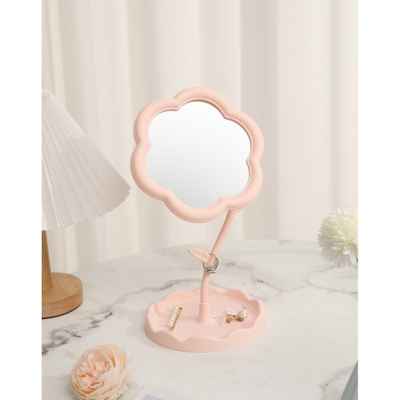 *LICHIDARE STOC* Oglindă de Machiaj pentru Birou, Flippy, Rotativă, Detasabilă, Model de Floarea Soarelui, Suport pentru Inele, cu Depozitare, Roz [10]