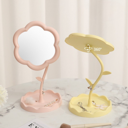 *LICHIDARE STOC* Oglindă de Machiaj pentru Birou, Flippy, Rotativă, Detasabilă, Model de Floarea Soarelui, Suport pentru Inele, cu Depozitare, Roz [3]