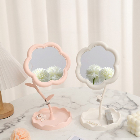 *LICHIDARE STOC* Oglindă de Machiaj pentru Birou, Flippy, Rotativă, Detasabilă, Model de Floarea Soarelui, Suport pentru Inele, cu Depozitare, Roz [5]