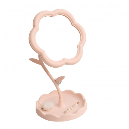 Accesorii Machiaj - *LICHIDARE STOC* Oglindă de Machiaj pentru Birou, Flippy, Rotativă, Detasabilă, Model de Floarea Soarelui, Suport pentru Inele, cu Depozitare, Roz