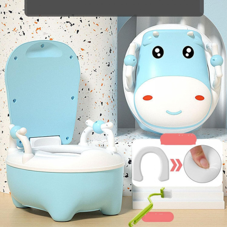 Olita pentru Copii, Flippy, +1an, Portabila, Design Vacuta cu Capac, Model Prietenos, Non-Toxic, cu Manere, Compartiment Detasabil, Perie Inclusa, Usor de Curatat, Albastru [6]