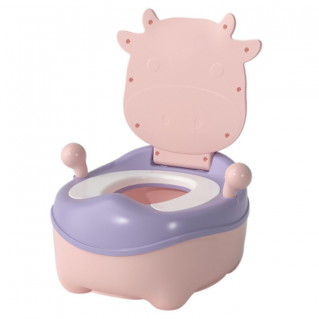Jucarii, Copii & Bebe - Olita pentru Copii, Flippy, +1an, Portabila, Model Vacuta, cu Capac, Prietenoasa, Non-Toxic, Compartiment Detasabil, cu Manere, cu 4 Picioare, Usor de Curatat, Roz