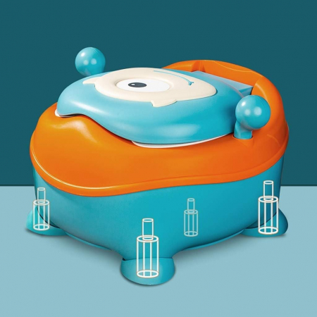 Olita pentru Copii, Flippy, +6 luni, Compartiment Detasabil, cu Capac, Antiderapanta, din Plastic, Colac Moale, Model Animat Ciclop, cu Maner, 33 x 21 x 45 cm, Albastru/Portocaliu [2]