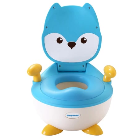 Jucarii, Copii & Bebe - Olita pentru Copii, Flippy, +6 luni, Compartiment Detasabil, cu Capac, Antiderapanta, din Plastic, Colac Moale, Model Animat Vulpe, cu Maner, 34.5 x 35 x 23 cm, Albastru/Alb