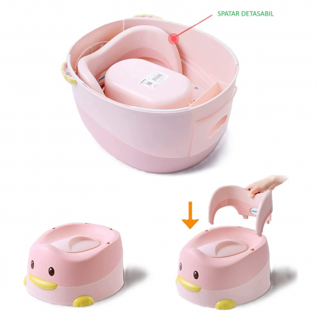 Olita pentru Copii, Flippy, +6 luni, Detasabila, cu Capac, Antiderapanta, din Plastic, Colac Moale, Model Ratusca, 38x32x30 cm. Roz [4]