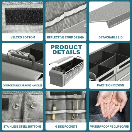 Organizator Auto pentru Portbagaj, Flippy, Model Pliabil, din Panza, cu Geanta Termoizolanta Detasabila, 3 Compartimente, Curele Ajustabile, 90 x 35 x 30 cm, Gri [4]