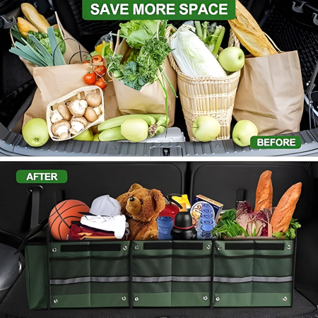 Organizator Auto pentru Portbagaj, Flippy, Model Pliabil, din Panza, cu Geanta Termoizolanta Detasabila, 3 Compartimente, Curele Ajustabile, 90 x 35 x 30 cm, Verde [3]