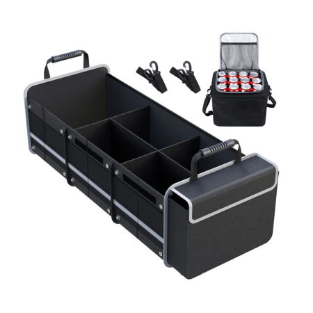 Electrice auto - Organizator Auto pentru Portbagaj, Flippy, Model Pliabil, din Panza, cu Geanta Termoizolanta Detasabila, 3 Compartimente, Curele Ajustabile, 90 x 35 x 30 cm, Negru