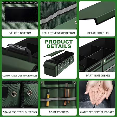 Organizator Auto pentru Portbagaj, Flippy, Model Pliabil, din Panza, cu Geanta Termoizolanta Detasabila, 3 Compartimente, Curele Ajustabile, 90 x 35 x 30 cm, Verde [2]