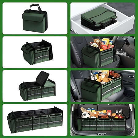 Organizator Auto pentru Portbagaj, Flippy, Model Pliabil, din Panza, cu Geanta Termoizolanta Detasabila, 3 Compartimente, Curele Ajustabile, 90 x 35 x 30 cm, Verde [1]