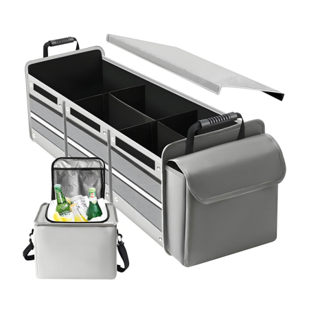 Electrice auto - Organizator Auto pentru Portbagaj, Flippy, Model Pliabil, din Panza, cu Geanta Termoizolanta Detasabila, 3 Compartimente, Curele Ajustabile, 90 x 35 x 30 cm, Gri