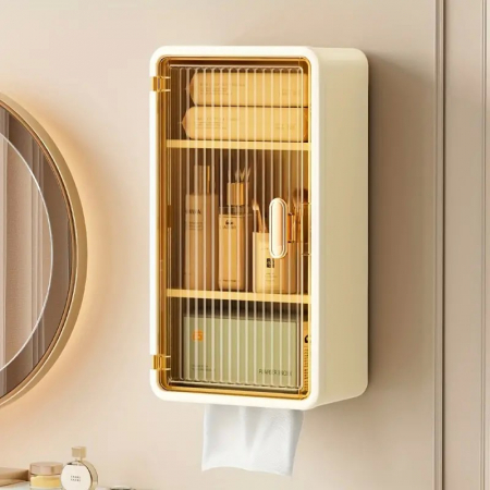 Organizator Cosmetice, Flippy, Montare pe Perete fara Perforare, 36.5x10.9x20 cm, cu 3 Rafturi, din PP si ABS, Bej, Usa Transparenta [3]