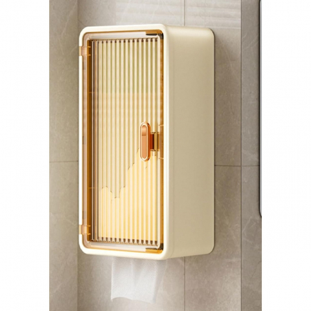 Organizator Cosmetice, Flippy, Montare pe Perete fara Perforare, 36.5x10.9x20 cm, din PP si ABS, Bej, Usa Transparenta [4]